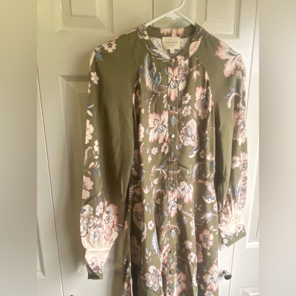 New Sezane Caprice Mini Dress - Rama Kaki Floral French Elegant Casual FR34/US2 - Picture 5 of 8